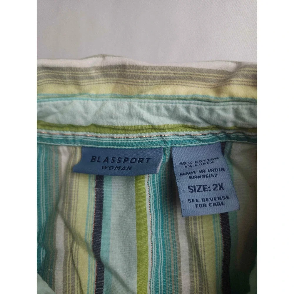 Blassport Woman 2X Striped Button Down Shirt Blue Green Lurex Metallic Cotton